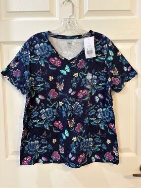 Kim Rogers Navy V-Neck Short Sleeve Floral & Butterfly Print Top NWT